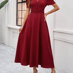 A-Line High Waisted Pleated Solid Color Zipper V-Neck Maxi Dresses