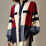 Long Sleeves Loose Buttoned Contrast Color Split-Joint Stand Collar Blouses&Shirts Tops