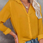 Casual Loose Long Sleeve Button V Neck Shirt Top