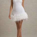 Dazzling and Playful Sequin High Neck Feather Trim Stretch Mini Dress