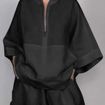 Long Sleeves Loose Solid Color Zipper V-Neck Shirts Tops