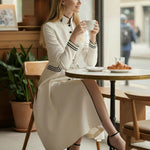 A-Line Elasticated Waist Belted Buttoned Contrast Color Line Split-Joint Stand Collar Maxi Dresses