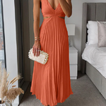 V Neck Cut Out Waist Sleeveless Pleated Maxi Dress