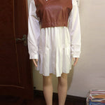 Long Sleeves Loose Contrast Color Pleated Split-Joint Lapel Mini Dresses