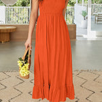 Summer Boho Spaghetti Strap Square Neck Solid Color Ruffle A Line Beach Long Maxi Dress
