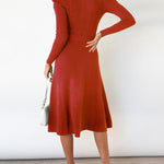 High Waisted Long Sleeves Solid Color Tied Waist Round-Neck Midi Dresses Sweater Dresses