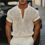 Men's Solid Knit Hollow Henley Collar Short Sleeve T-shirt