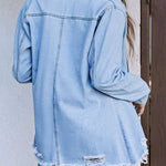 Casual Ripped Raw Hem Button Up Denim Shacket
