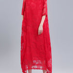A-Line Half Sleeves Flower Print See-Through Solid Color Round-Neck Midi Dresses