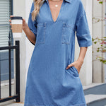 A-line Loose Pockets Solid Color Lapel Mini Dresses