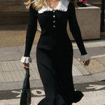 Long Sleeves Pleated Ruffled Split-Joint Peter Pan Collar Midi Dresses Sweater Dresses