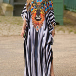 Batwing Sleeves Loose Printed Split-Side Striped V-Neck Beach Cover-Up Maxi Dresses