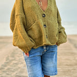 Solid Color Loose Long Sleeve V-neck Pocket Knitted Sweater Cardigan