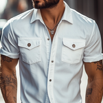 Men's Classic Casual Solid Color Slim Fit Multi-Pocket Polyester Cotton Short Sleeve Shirt