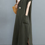 Simple Ramie Cotton Solid Color Split-Side With Pocket V-Neck Short Sleeves Maxi Dress