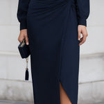 Navy V-Neck Ruched Wrap Midi Dress With Bishop Sleeves