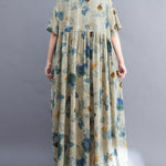 Artistic Retro Loose Floral Printed Pleated Vacation Midi Dress
