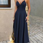 A-Line High Waisted Backless Pleated Solid Color Split-Joint Spaghetti-Neck Midi Dresses