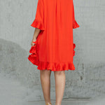 Half Sleeves Loose Falbala Solid Color Round-Neck Midi Dresses