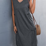 A-line Loose Pleated Solid Color Split-Joint V-neck Midi Dresses
