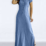 High Waisted Plus Size Buttoned Pockets Split-Side Lapel Maxi Dresses