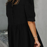 Black Pocketed Puff Sleeve Empire Waist Swing Short Dress
