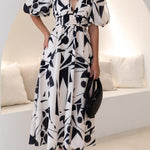 Elegant V-neck slim waist large swing skirt printed dress