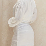 Bodycon Long Sleeves Pleated Solid Color Deep V-Neck Mini Dresses Shirt Dress