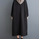 A-Line Long Sleeves Hooded Quilted Split-Side Midi Dresses