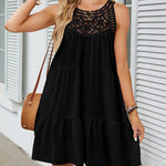 A-Line Loose Hollow Pleated Solid Color Split-Joint Round-Neck Mini Dresses