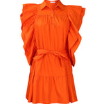 A-Line High Waisted Buttoned Pleated Ruffled Solid Color Tied Waist Lapel Mini Dresses