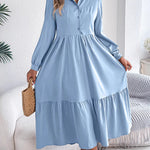 High Waisted Long Sleeves Pleated Ruffled Solid Color Lapel Midi Dresses Shirt Dress