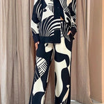 Graphic Printed Long Sleeve Blouse Shirt Wide Leg Pants 2 Pieces Set