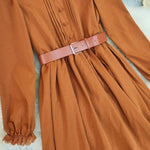 A-Line Elasticated Waist Belted Buttoned Contrast Color Pleated Split-Joint Stand Collar Maxi Dresses Shirt Dress