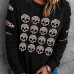 Black Leopard Peek-a-Boo Sleeve Skull Graphic Sweatshirt