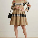 A-Line High Waisted Contrast Color Pleated Striped Zipper Mock Neck Midi Dresses