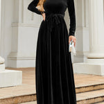 Long Sleeves Wrap Belted Pleated Solid Color Zipper Round-Neck Maxi Dresses