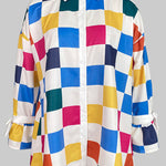 Long Sleeves Loose Buttoned Contrast Color Plaid Tied Stand Collar Blouses&Shirts Tops