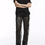Yulissa Layered Sequin Tassels Mid Rise Stretch Waist Wide Leg Pants