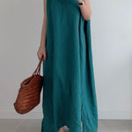 Casual Simple Solid Color Split-Side Round-Neck Sleeveless Midi Dress
