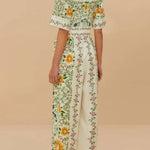 Natural Charm Linen Blend Floral Print Short Sleeve Pocketed Wide Leg Jumpsuit