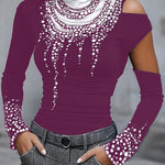 Long Sleeves Skinny Hollow Printed High Neck T-Shirts Tops
