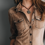 Retro Washed Contrast Stitching Blouse