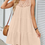 Loose Sleeveless Hollow Pleated Solid Color Split-Joint Round-Neck Mini Dresses