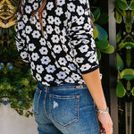 Mock Neck Floral Print Knitted Sweater Color Block Light Weight Sweater