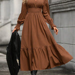 A-Line Flared Sleeves Elasticity Pleated Solid Color V-Neck Midi Dresses