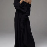 A-Line Flared Sleeves Pleated Solid Color Split-Joint Round-Neck Maxi Dresses