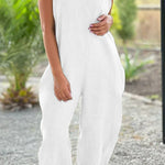 V-neck wide-leg pants suspenders solid color long jumpsuit