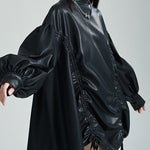 High-Low Long Sleeves Drawstring Pleated Solid Color Stand Collar Mini Dresses