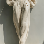 Women's Beige Linen V-neck Loose-fitting Top And Wide-leg Pants Set
